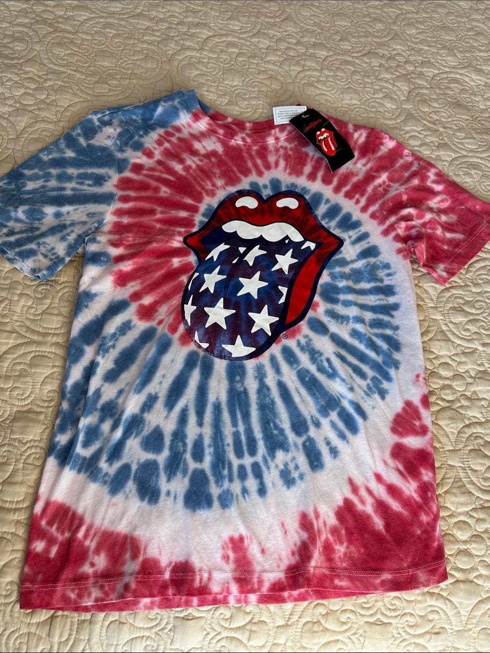 Rolling Stones Bravado Red, Blue & White Tie-Dye Tee with Star Tongue Graphic